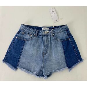 TOBI High Rise Two-Tone Denim Jean Shorts Fringe Shortie High Waist - Si…